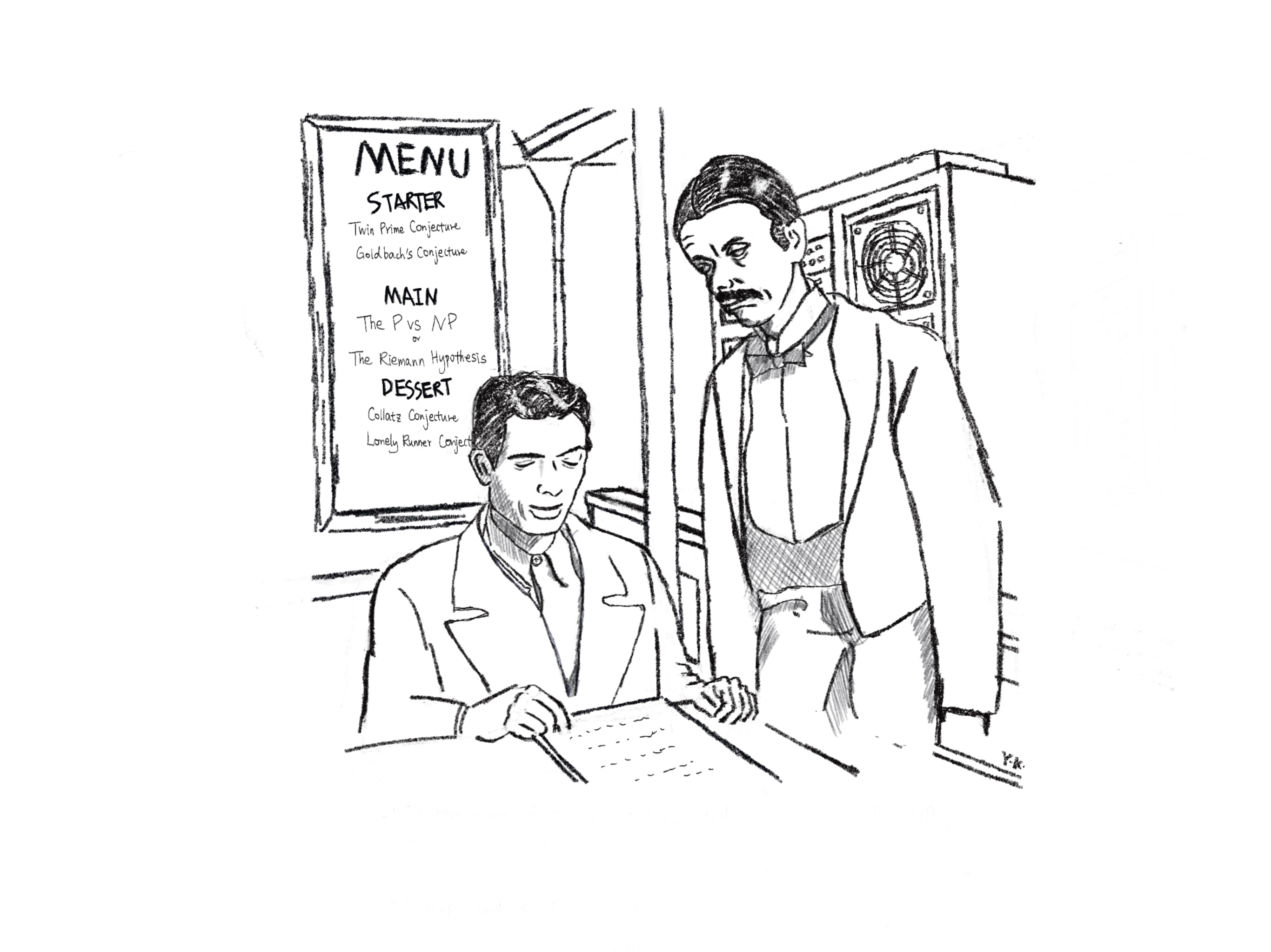 A hand-drawn comic of a diner ordering proofs of famous open problems from a waiter