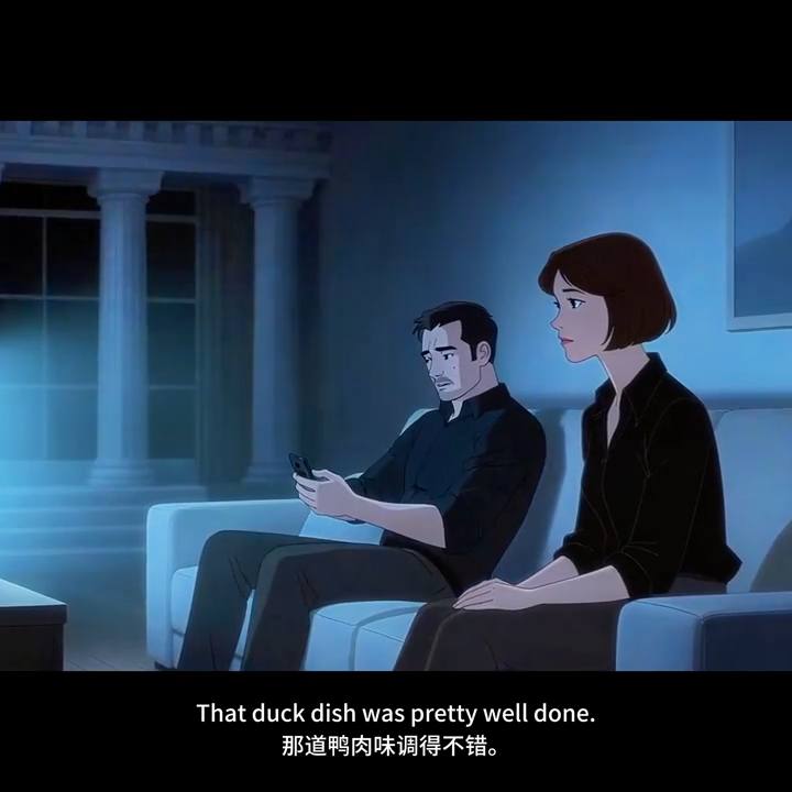 A still from an AI animation of two people on a sofa at night