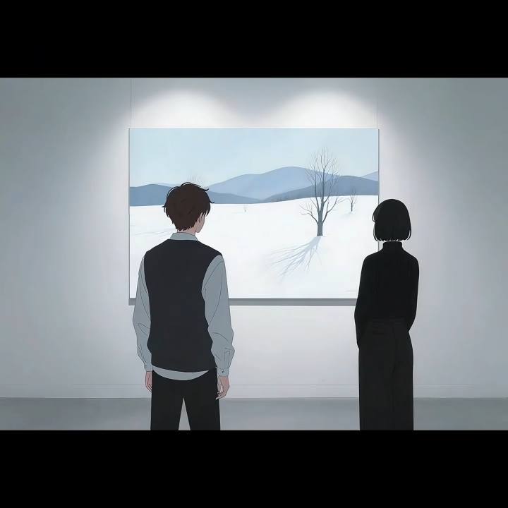 A still of two figures looking at a snow painting in a gallery