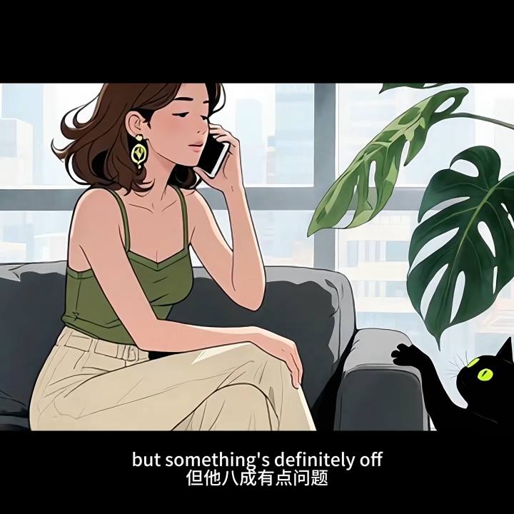 A still of a woman on the phone, a black cat reaching up beside her